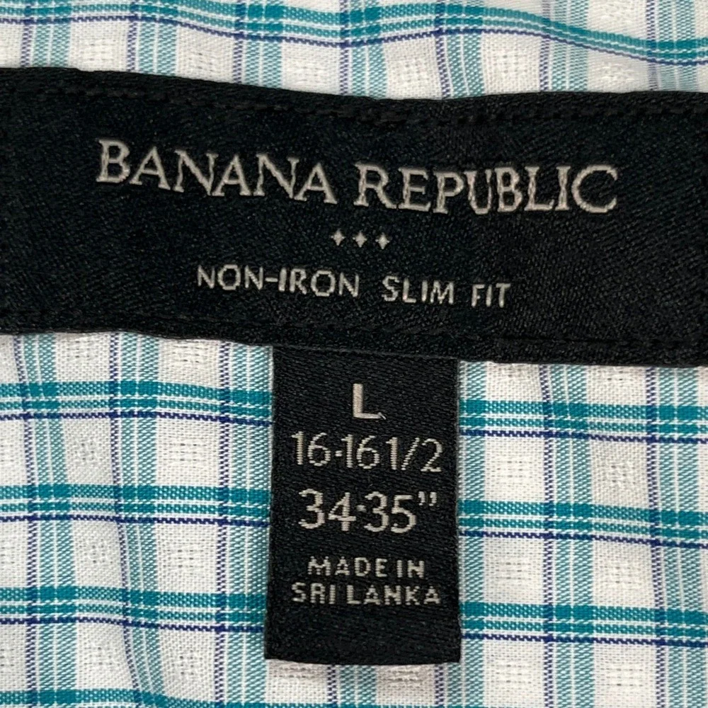 Banana Republic Button Down Shirt Mens Large Teal White‎ Gingham Check Slim Fit